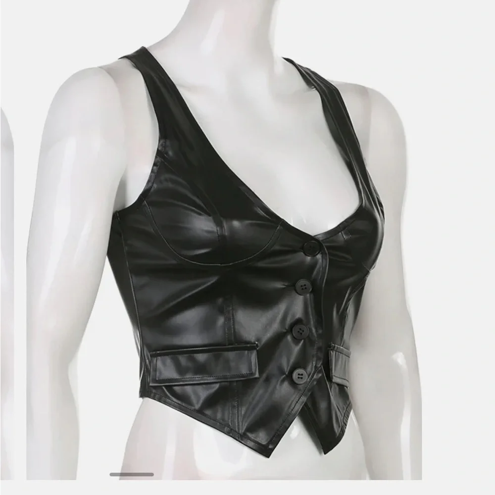 SEXY BODYCON BLACK PU LEATHER CROPPED VEST FAUX POCKETS SIZE LARGE - Picture 4 of 13